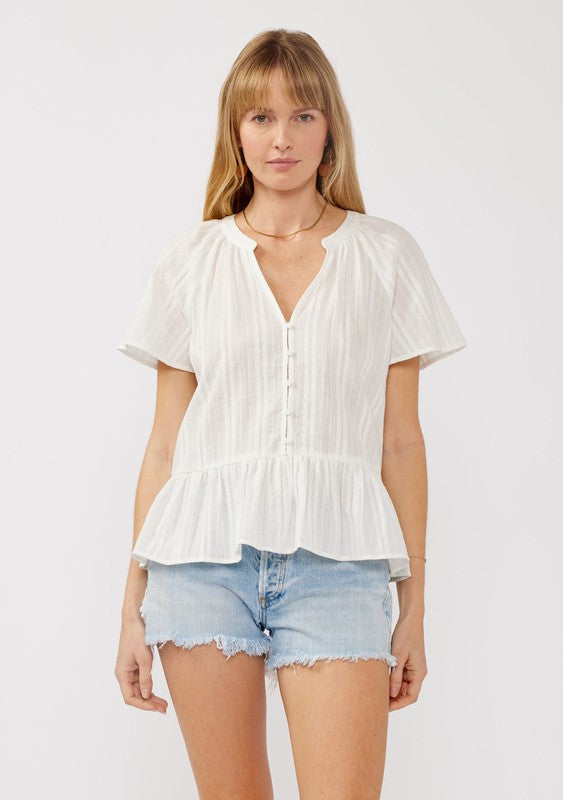 V-Neck Flutter Button Front Top