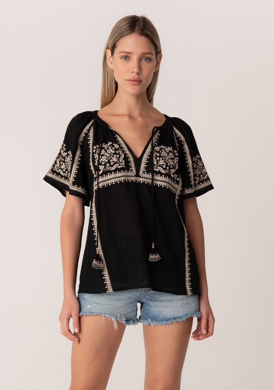 Short Raglan Sleeve Embroidered Top - Black/Natural
