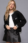 Long Sleeve Embroidery Detail Faux Suede Varsity Jacket