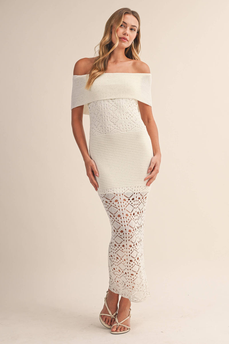 Cream Foldover Off-Shoulder Sweater Maxi Dress Partial Lined | Klesis