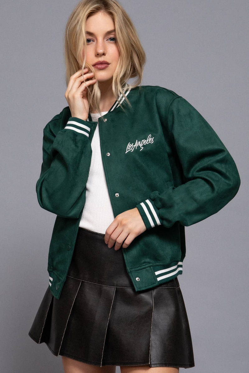 Long Sleeve Embroidery Detail Faux Suede Varsity Jacket