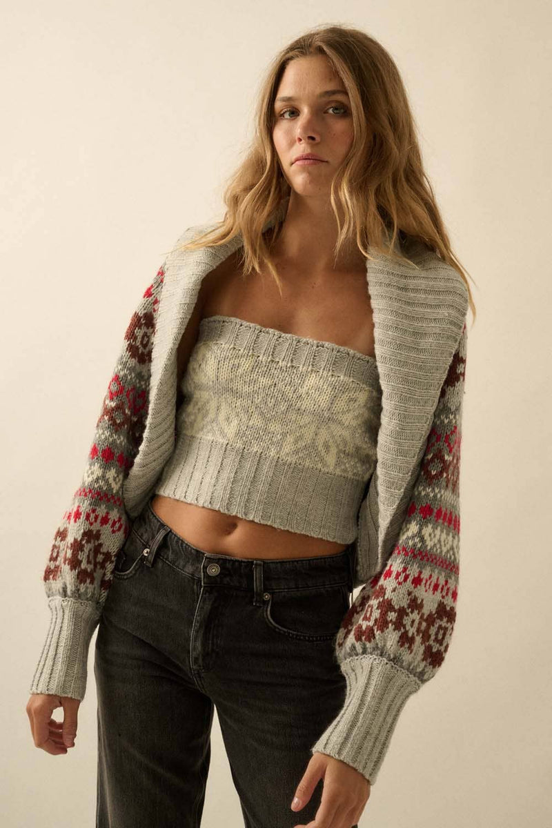 This cozy alpine-knit cardigan features patterned sleeves and a matching tube top, perfect for stylish layers in Long Island boutique fashion.