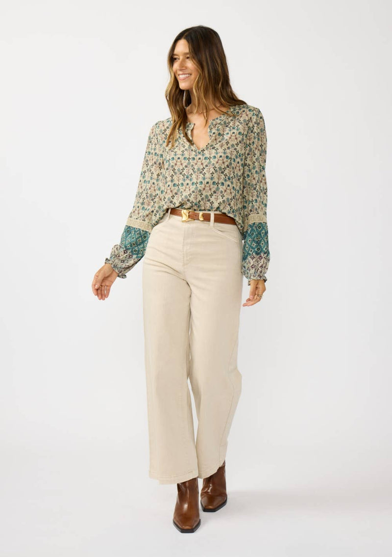 Split Ruffle Neck Border Print Blouse