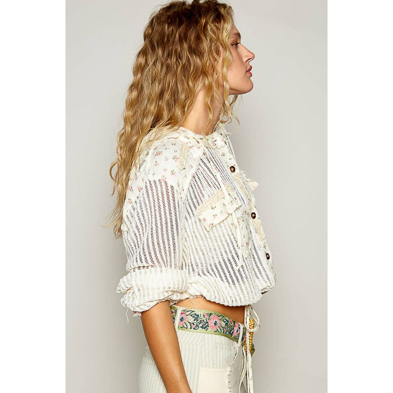 Vintage Washed Floral Print Patch Crochet Jacket