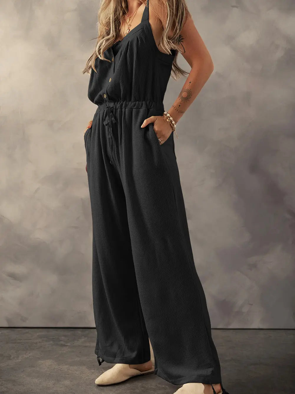Knotted Straps Button Textured Drawstring Jumpsuit