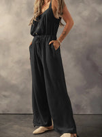 Knotted Straps Button Textured Drawstring Jumpsuit