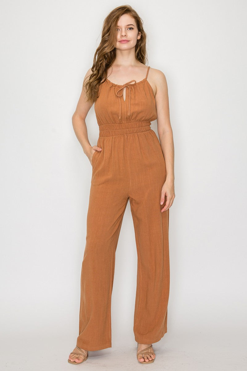 Front Tie Ribbon Smocked Waist Jumpsuit