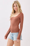 Long sleeve square neck top in warm brown, featuring a fitted silhouette, perfect for layering in stylish Long Island boutique fashion.