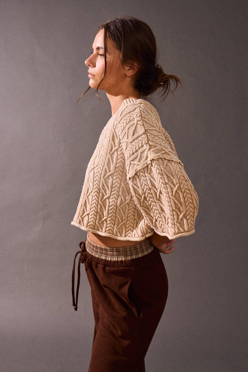 Crochet-style acid wash detail sweater top in soft beige, featuring a cropped fit and textured design, perfect for Long Island boutique fashion.