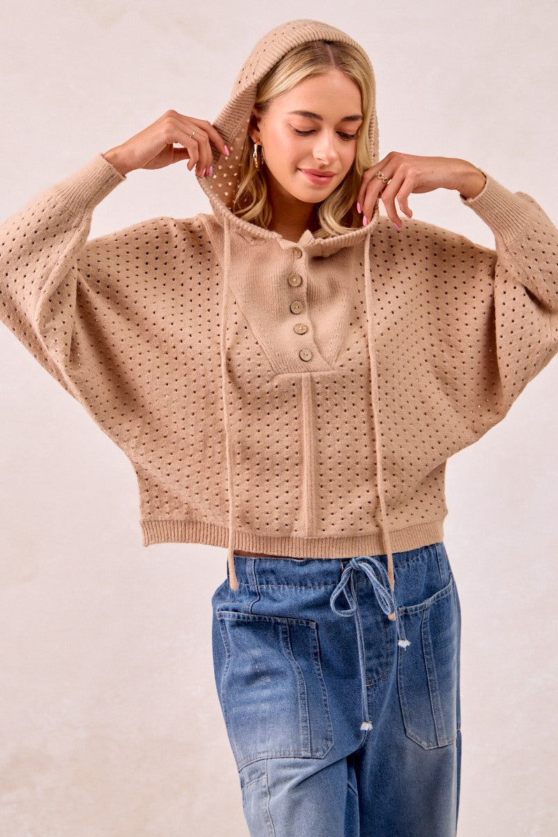 Textured Knit Buttoned Hoodie Top