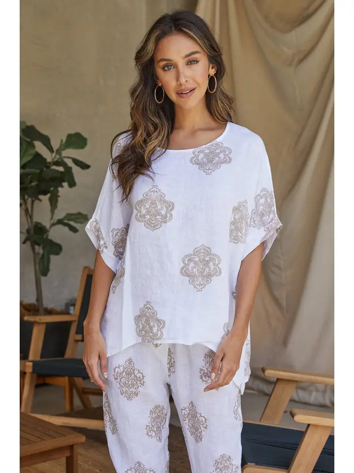 Linen Short Sleeve Mandala Print Shirt