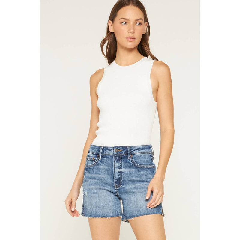 High Rise Raw Hem Denim Shorts