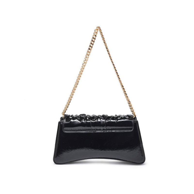Glossy black shoulder bag with a ruched top detail and gold chain strap, perfect for showcasing Long Island boutique fashion.