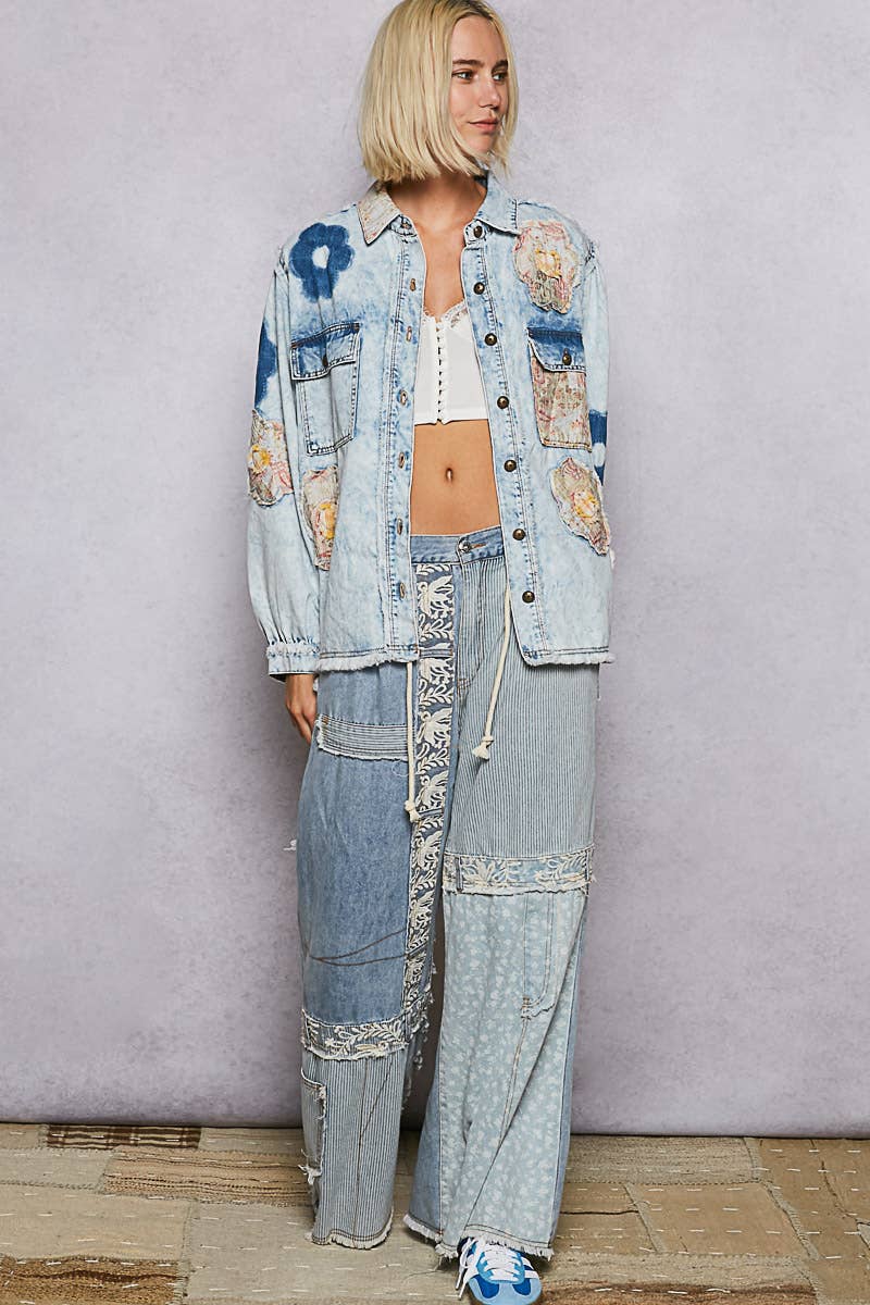 Balloon Sleeve Floral Patch Detail Denim Jacket