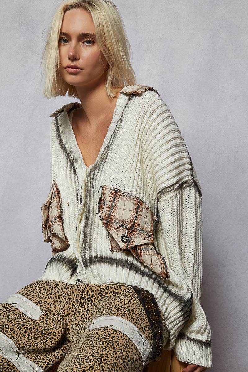 Long Sleeve Plaid Pockets Detail Sweater Cardigan