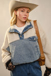 “Sherpa and denim contrast pullover with quarter zip on model”
