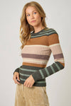 Ribbed color block striped sweater top in earthy tones, featuring a fitted silhouette and long sleeves, perfect for Long Island boutique fashion.
