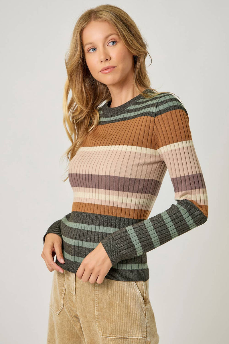 Ribbed color block striped sweater top in earthy tones, featuring a fitted silhouette and long sleeves, perfect for Long Island boutique fashion.