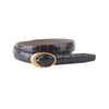 Stylish black croco-embossed belt featuring a chic oval gold buckle, perfect for enhancing outfits in Long Island boutique fashion.
