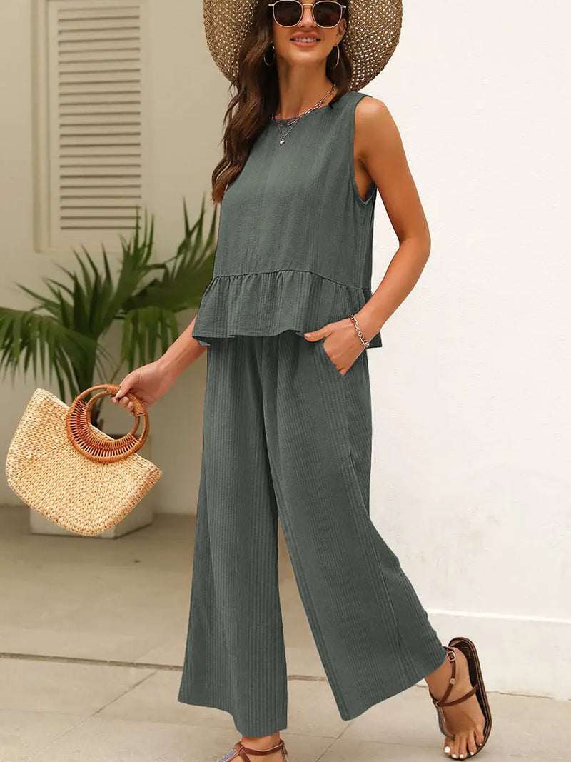 Ribbed Ruffle Tank Top And Pants Set