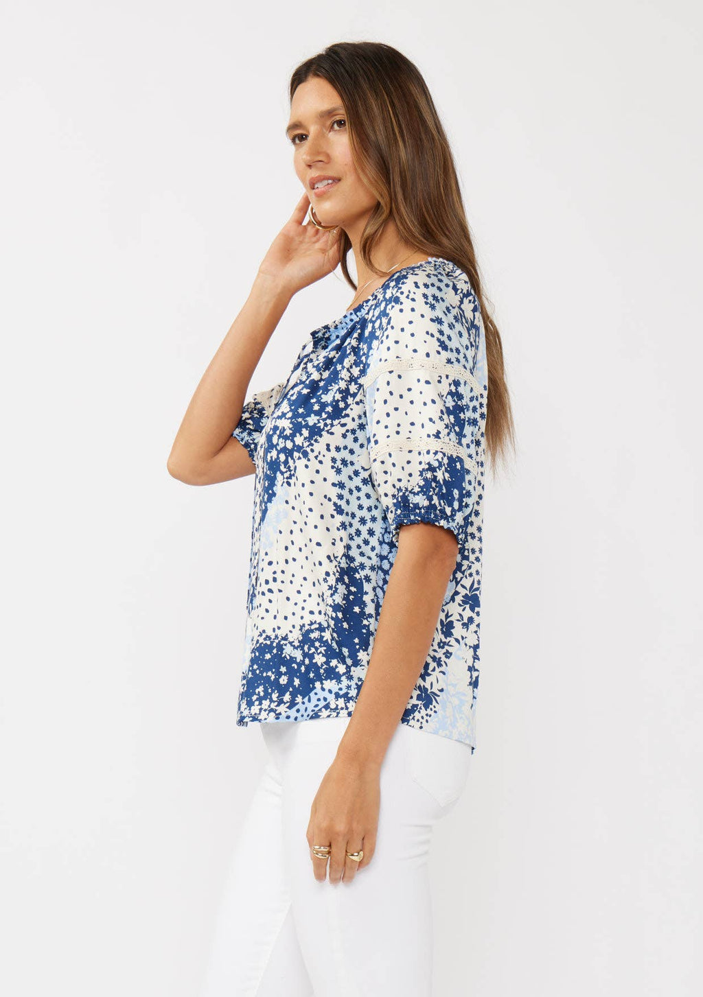Short Puff Sleeve V-Split Neck Top with Lace Trim