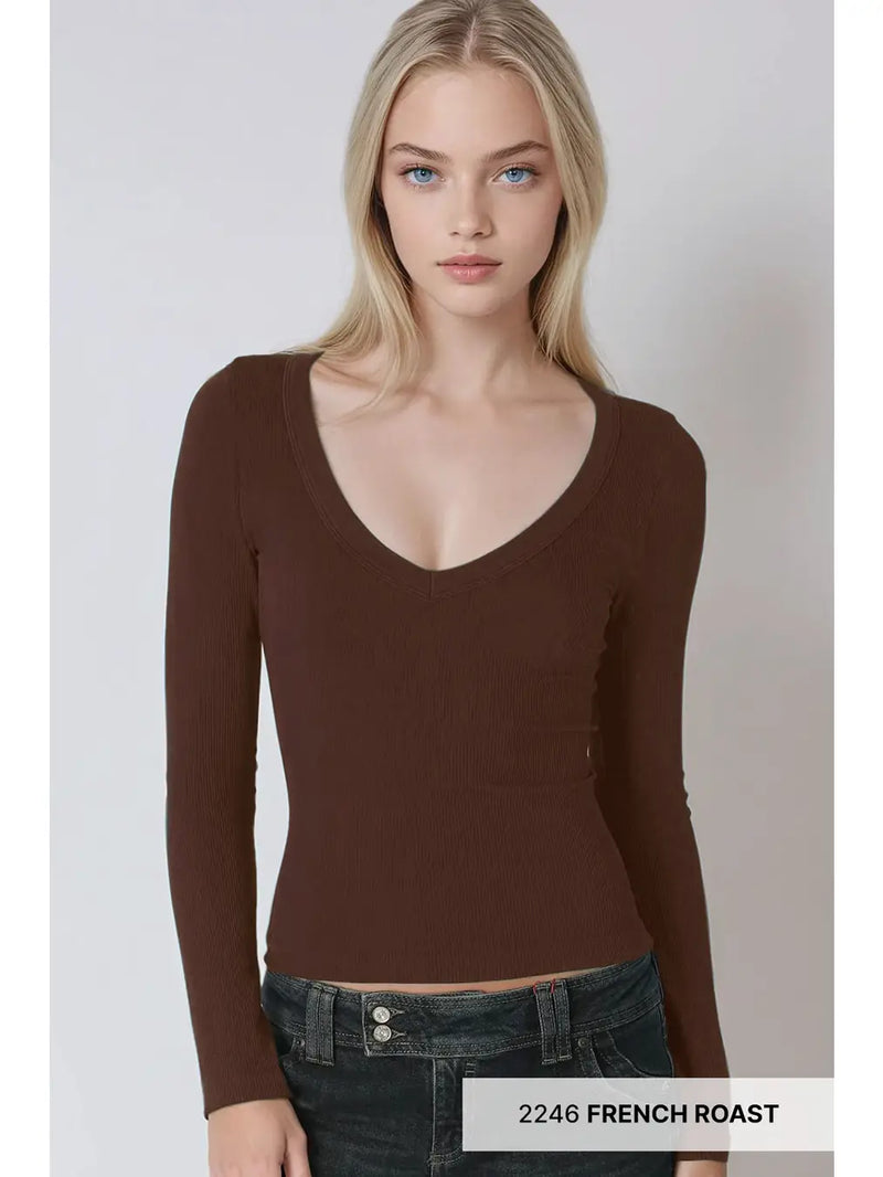 Deep V Neck Long Sleeve Top