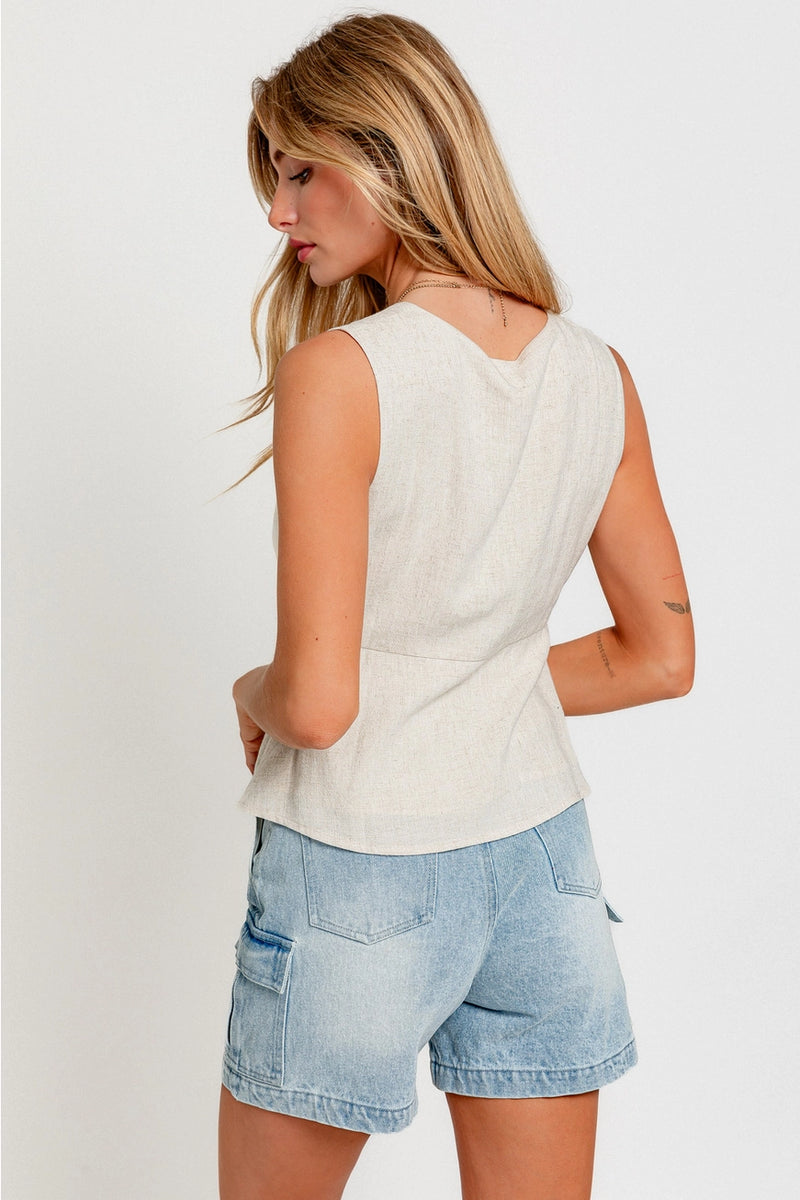 Sleeveless V-Neck Opened Shirring Top
