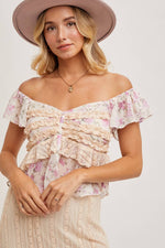 Floral Print Ruffle Lace Trimmed Sweetheart Neck Top