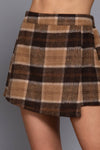 Front wrap plaid short pants in warm browns and soft textures, ideal for a stylish Long Island boutique fashion look.