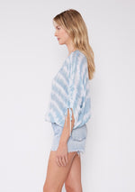 V-Neck Dolman Button Down Top - Off White/Teal