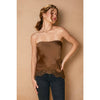 Brown satin tube top featuring a delicate lace hem, perfect for stylish layering in Long Island boutique fashion.