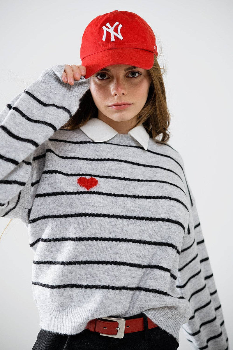 Grey Striped Sweater with Red Heart