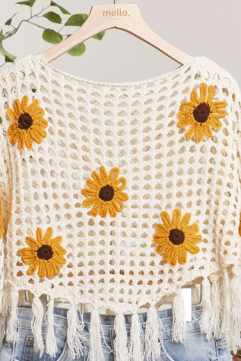 Boat Neck Fishnet SunFlower Top with Fringe Detail