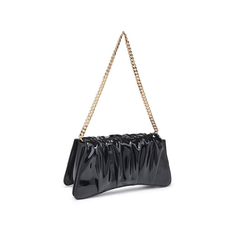 Sleek black patent leather Erie shoulder bag with a stylish ruched design and a gold chain strap, perfect for Long Island boutique fashion.