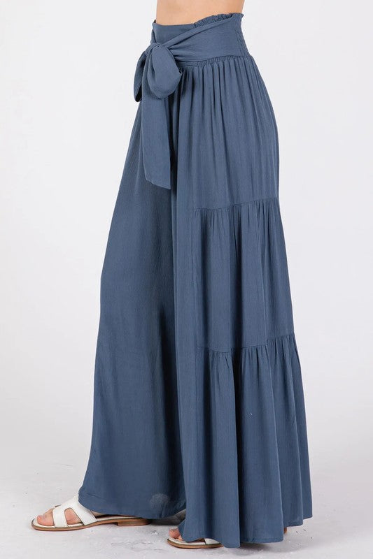 Woven Solid Wide Ruffle Hemming Pants - Med Indigo