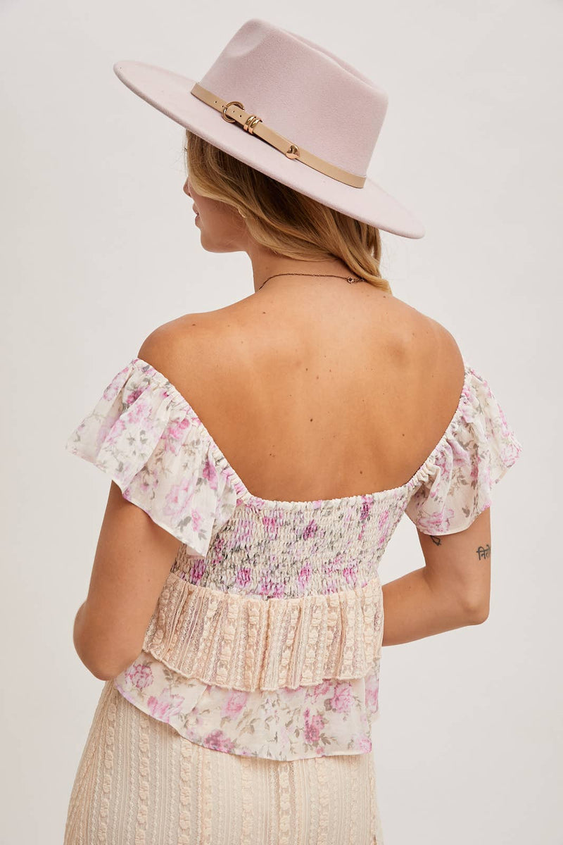 Floral Print Ruffle Lace Trimmed Sweetheart Neck Top