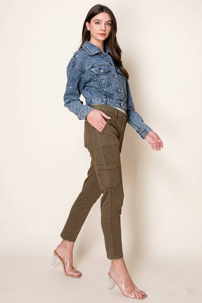 Daisy Embroidered Cropped Denim Trucker