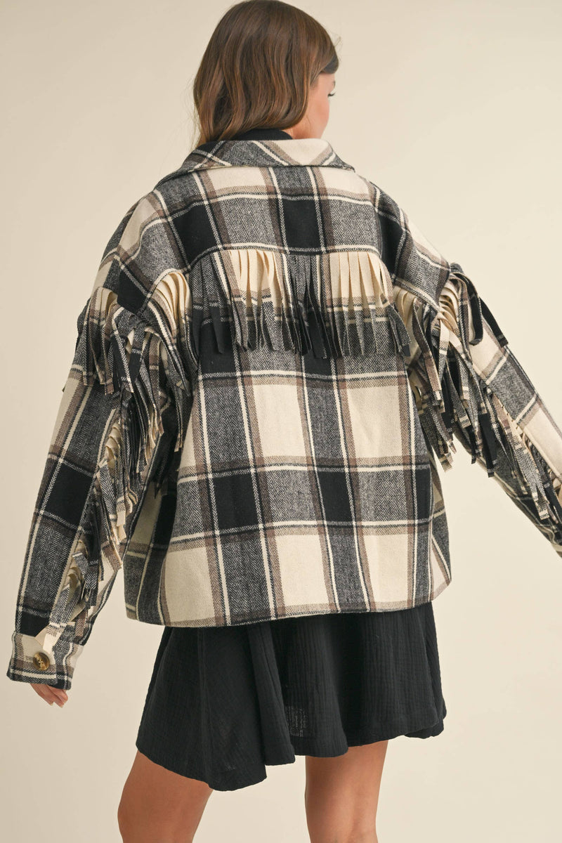 Wool Fringed Detail Plaid Jacket