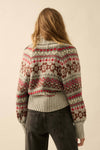 Cozy alpaca-knit cardigan set in soft gray with colorful Fair Isle patterns and a relaxed fit, perfect for Long Island boutique fashion.
