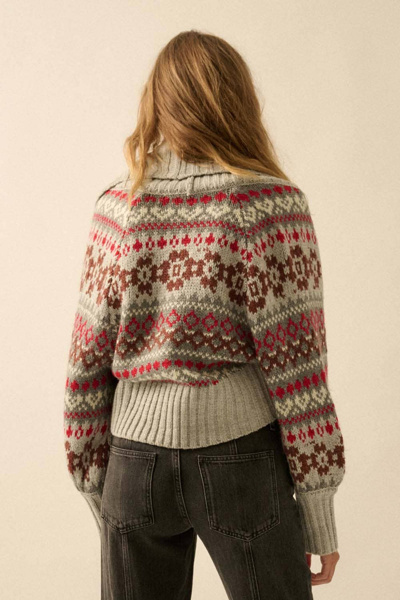 Cozy alpaca-knit cardigan set in soft gray with colorful Fair Isle patterns and a relaxed fit, perfect for Long Island boutique fashion.
