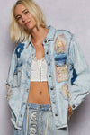 Balloon Sleeve Floral Patch Detail Denim Jacket