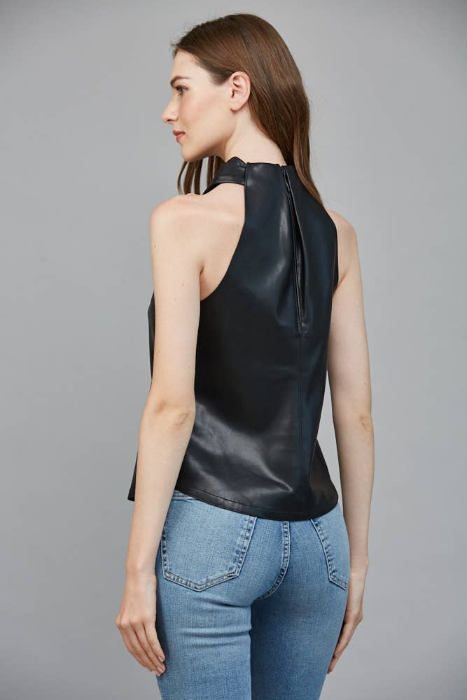 Faux leather sleeveless top in black with a crisscross neckline and fitted silhouette, perfect for chic Long Island boutique fashion.