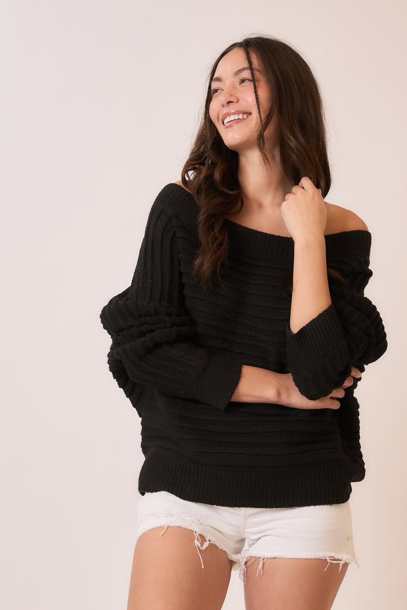 Ribbed Off Shoulder Dolman Pullover