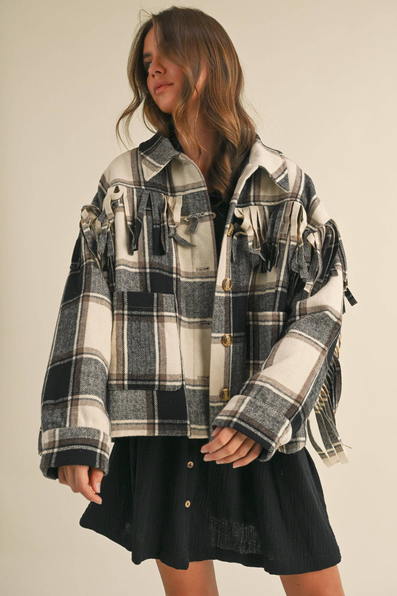 Wool Fringed Detail Plaid Jacket