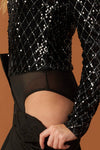 Elegant black sequin bodysuit featuring long sleeves and a form-fitting silhouette, perfect for a night out in Long Island boutique fashion.