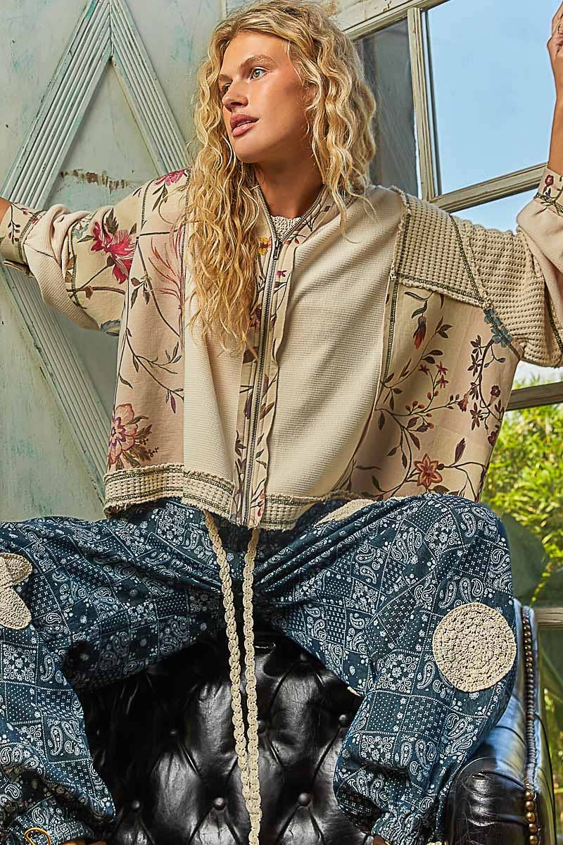 Solid Pattern Printed Stitch Detail Thermal Knit Hoodie Top