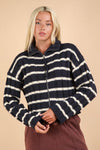 Mock Neck Zipper Stripe Knit Sweater Cardigan