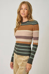 Ribbed color block sweater top featuring earthy tones of brown, green, and beige, perfect for casual wear from this Long Island women's boutique.