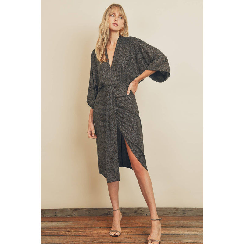 Metallic V-Neck Ruched Midi Dress