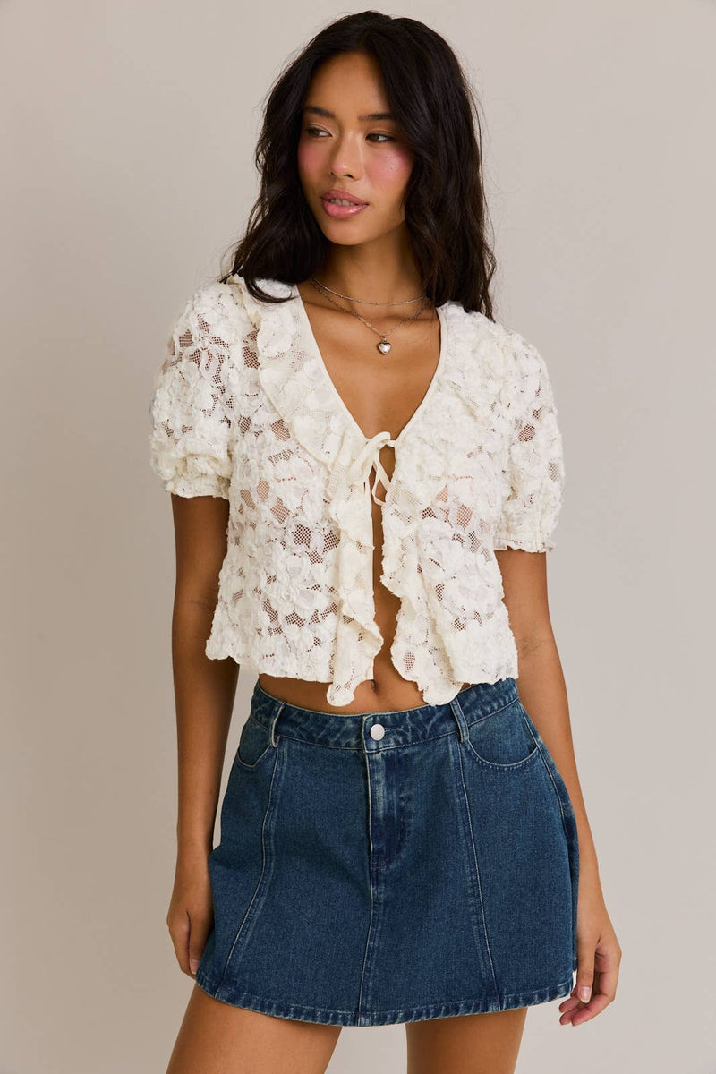 Puff Short Sleeve V-Neck Ruffle Top
